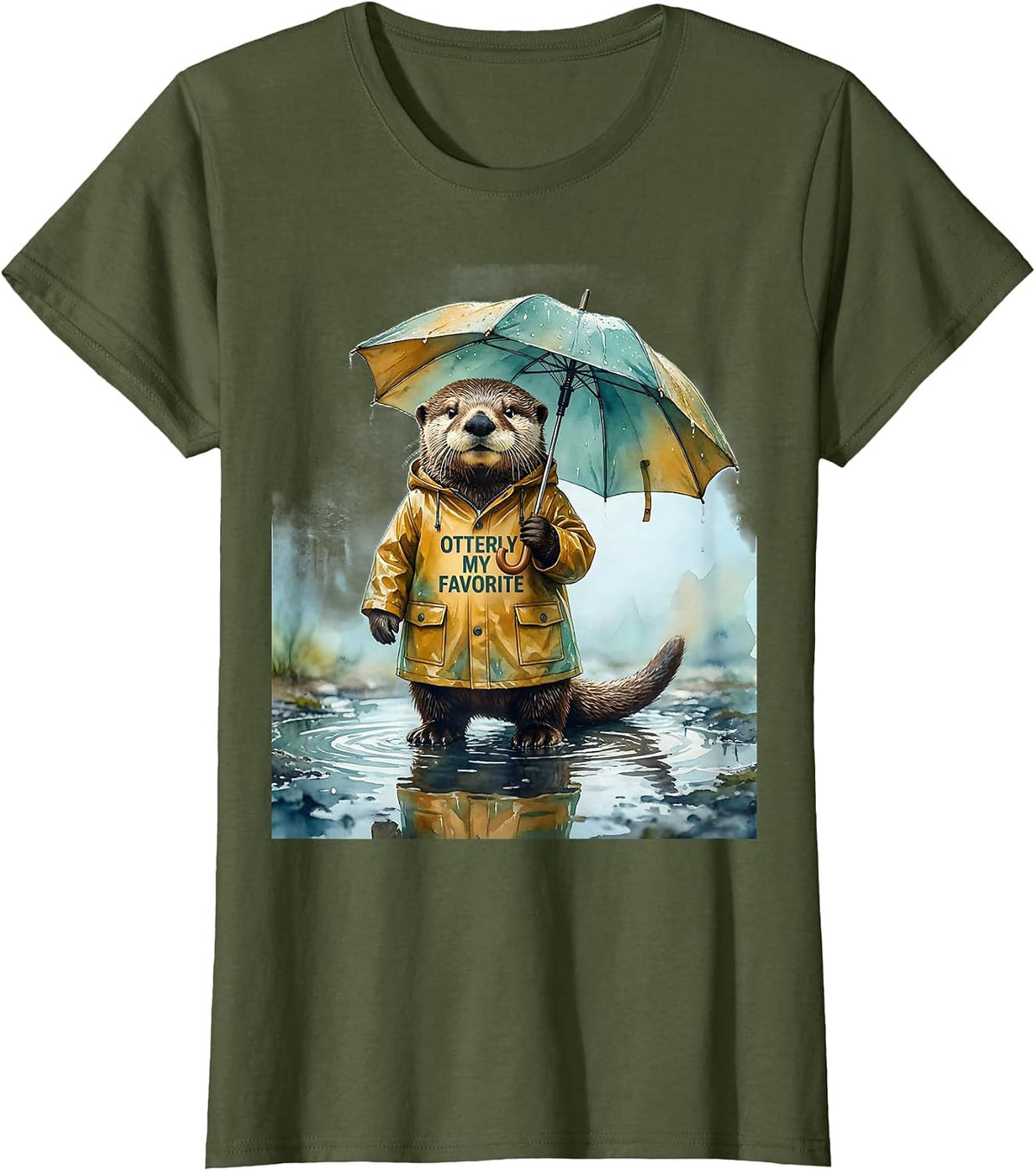 Women's Otterly My Favorite Cute Otter Lover Humor Watercolor T-Shirt - Olive Green