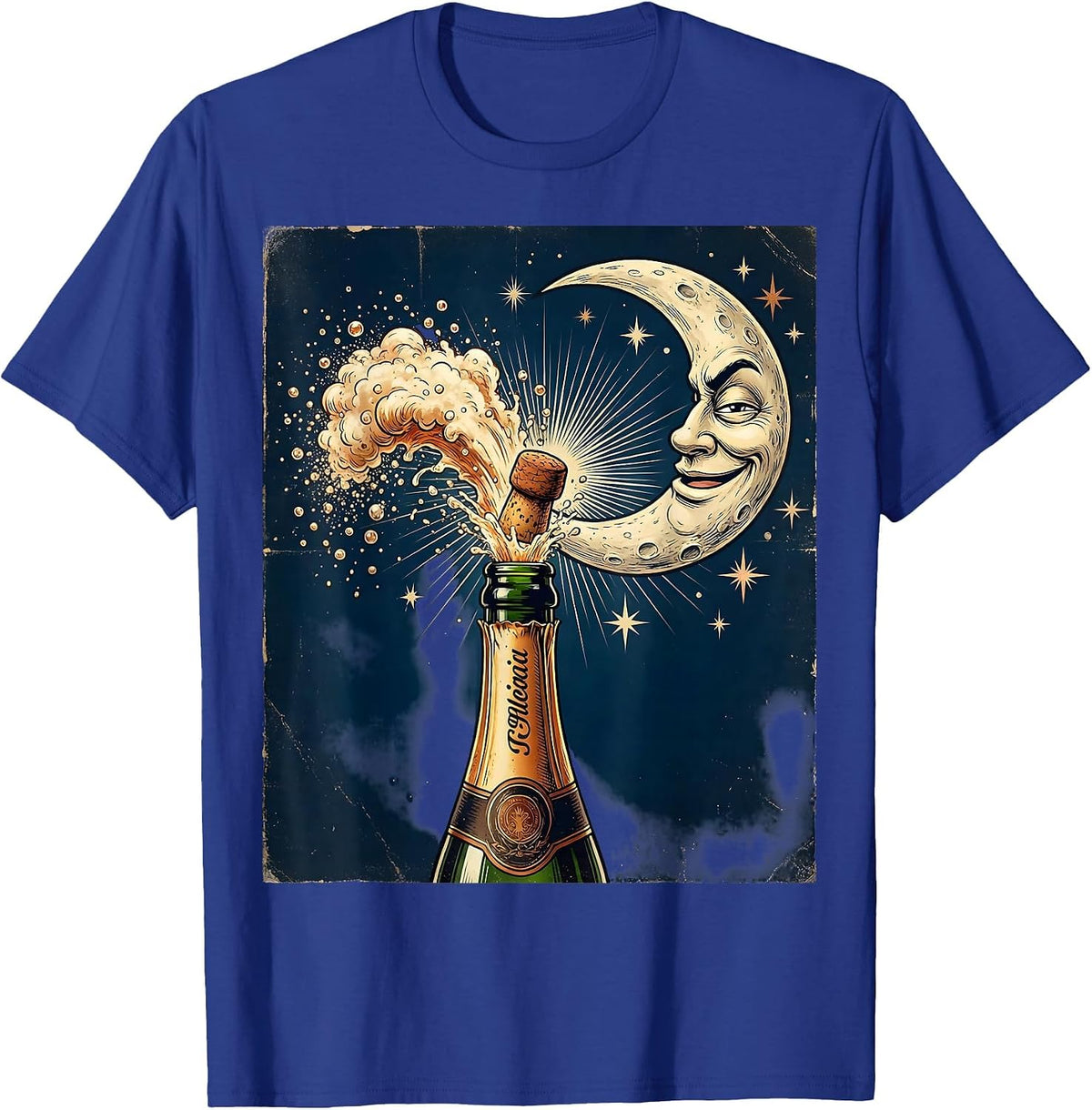 Champagne Popping Winking Moon Raunchy Night Out T-Shirt - Royal Blue
