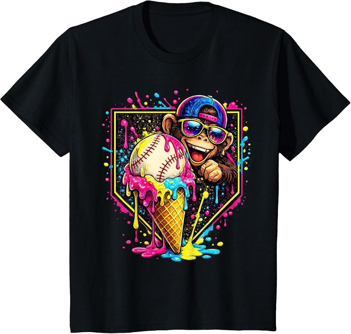 Monkey Funny Animals Baseball Ice Cream Drip Cool T-Shirt - Black