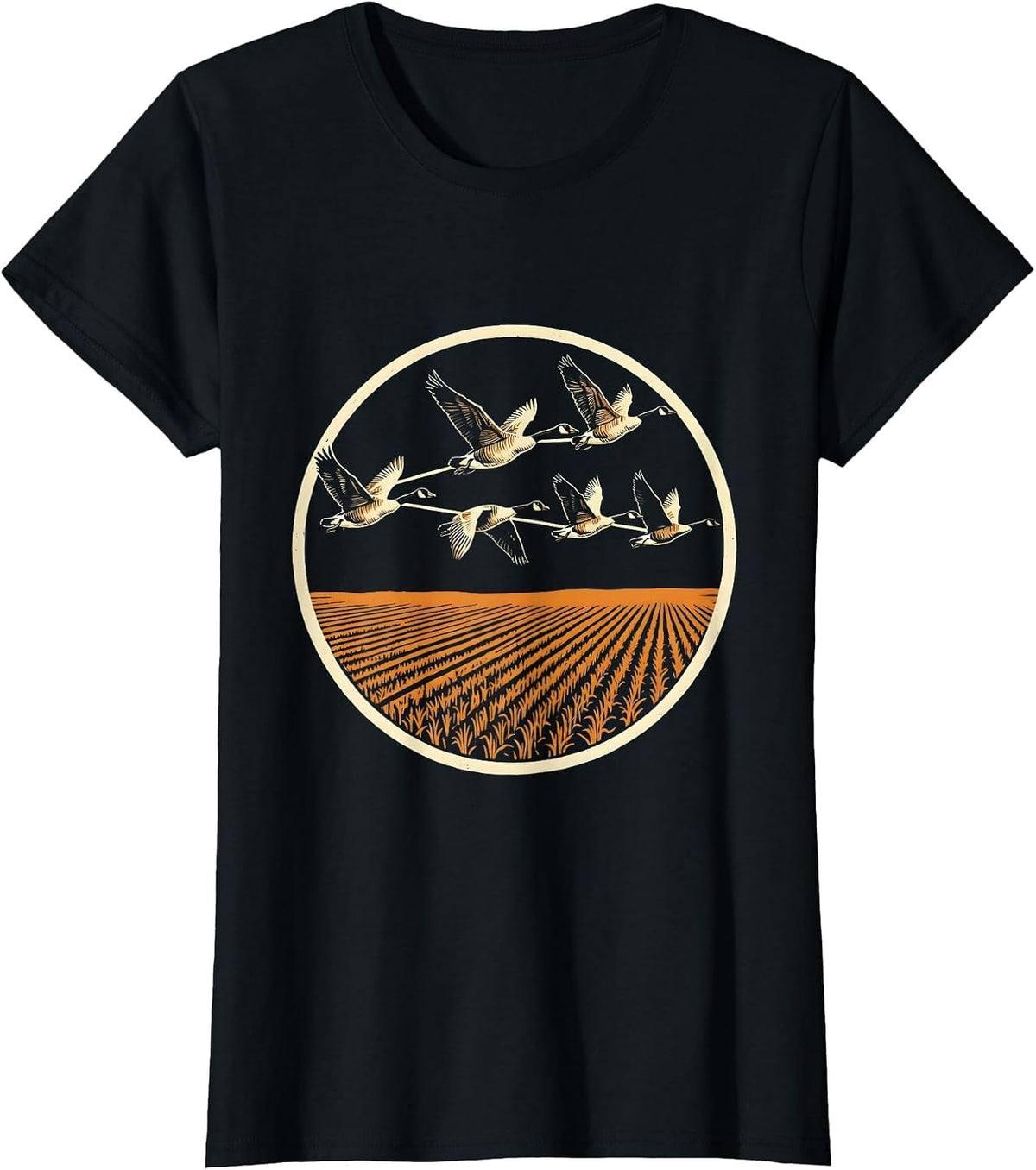 Women's Goose Flock Descending Over Harvested Cornfield T-Shirt - Black