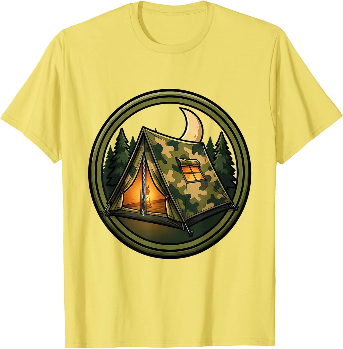 Men's Camo Tent Glowing Lantern Light Camping Graphic T-Shirt - Lemon Yellow