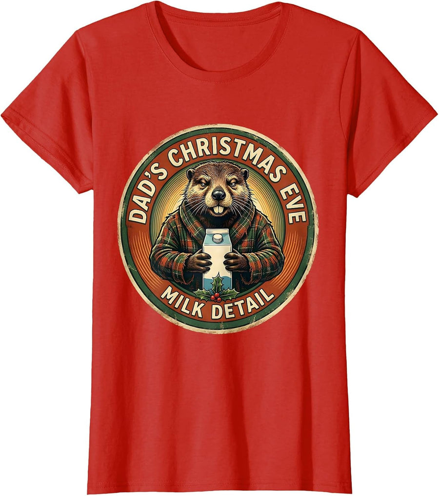 Women's Dad's Christmas Eve Milk Detail Vintage Funny Dad Gift T-Shirt - Red