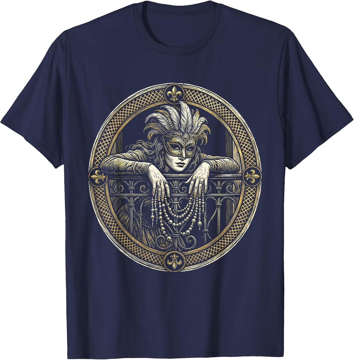 Mardi Gras Masked Balcony Bead Toss Illustration T-Shirt - Navy Blue