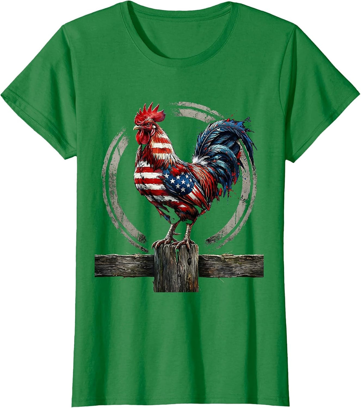 Women's Patriotic Rooster at Dawn Proud American Art T-Shirt - Kelly Green
