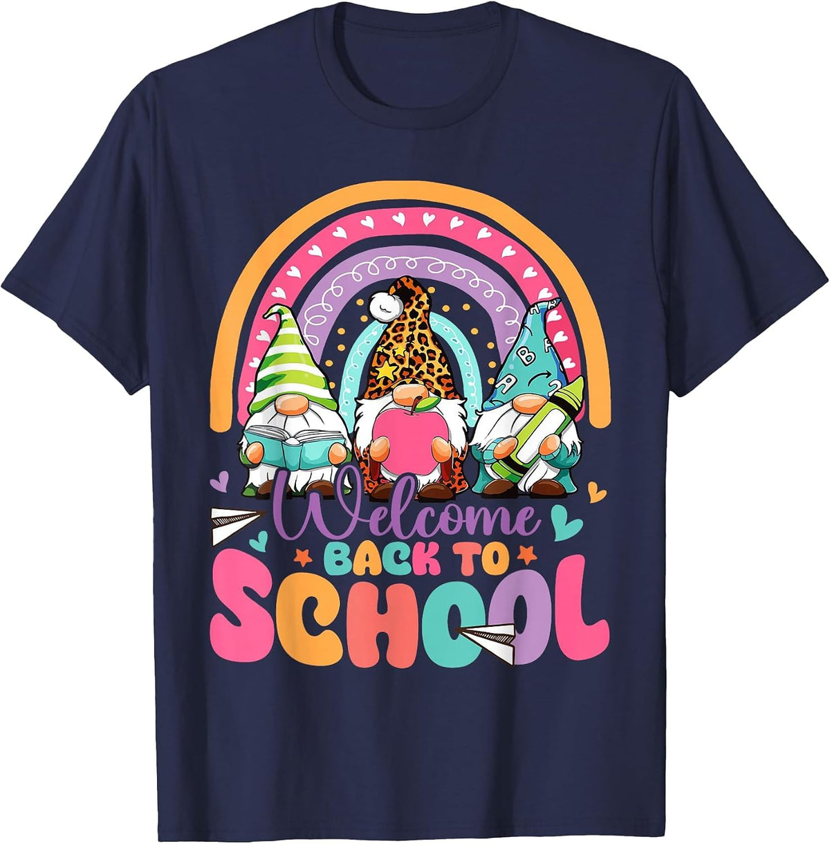 Welcome Back to School First Day of School Gnomes Rainbow T-Shirt - Navy Blue