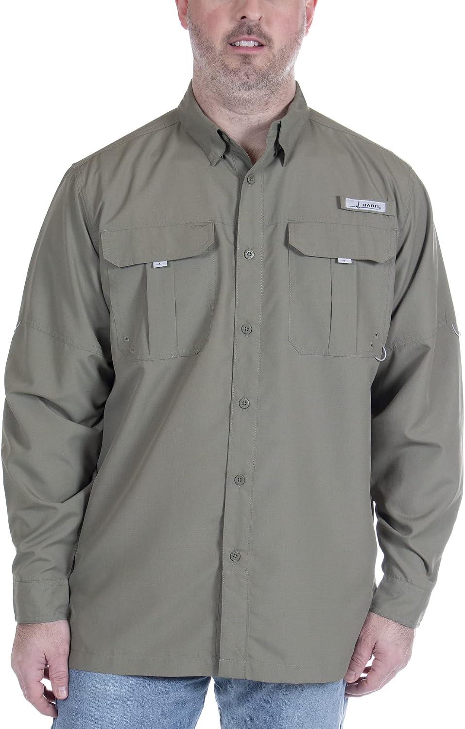 HABIT Men's Fourche Mountain Shirt Long Sleeve River Guide Fishing Shirt - UPF 40+ UV Proections - Deep Lichen Green