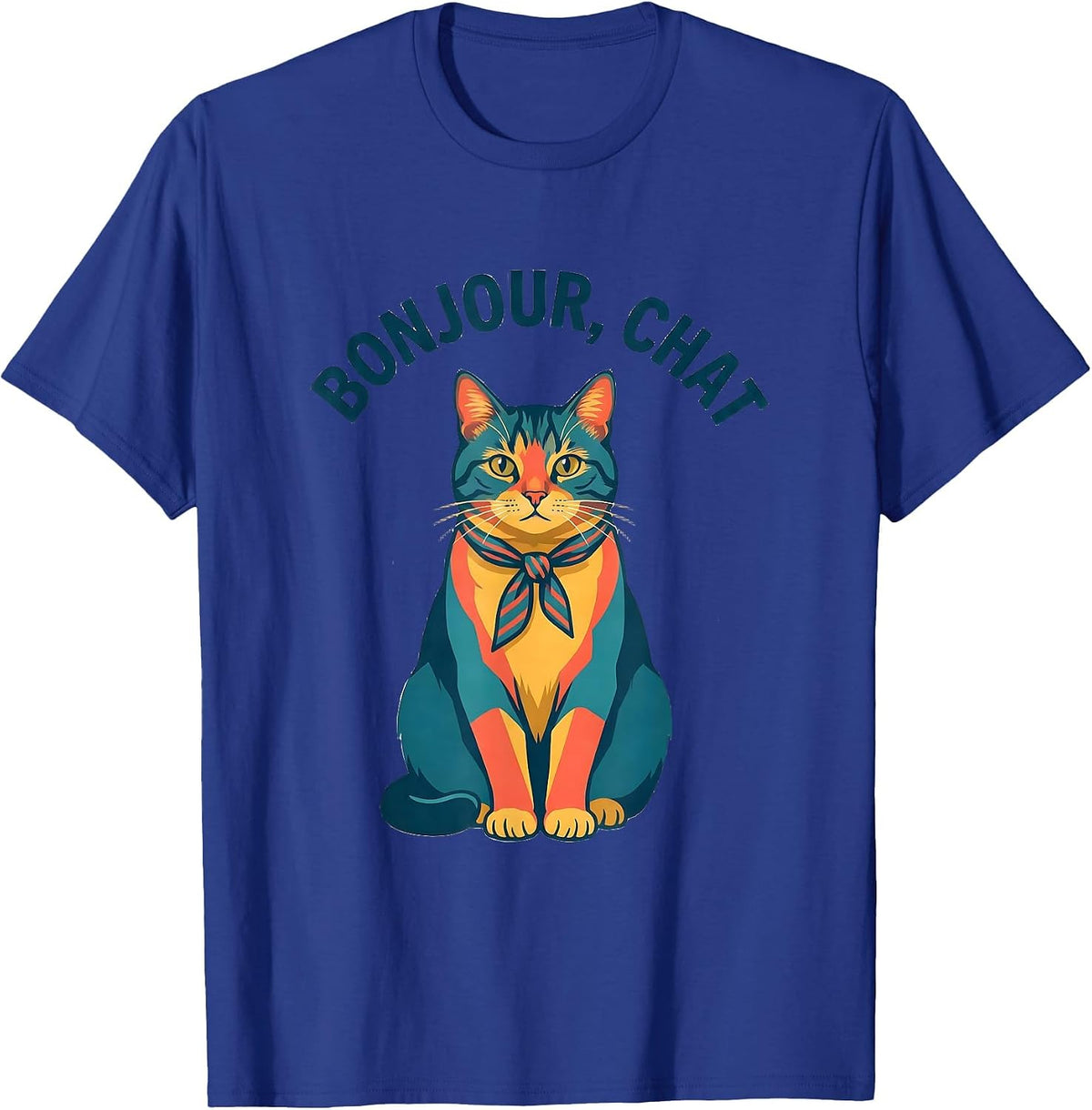 Men's Bonjour, Chat Funny Francophile Cat Owner French Teacher T-Shirt - Royal Blue