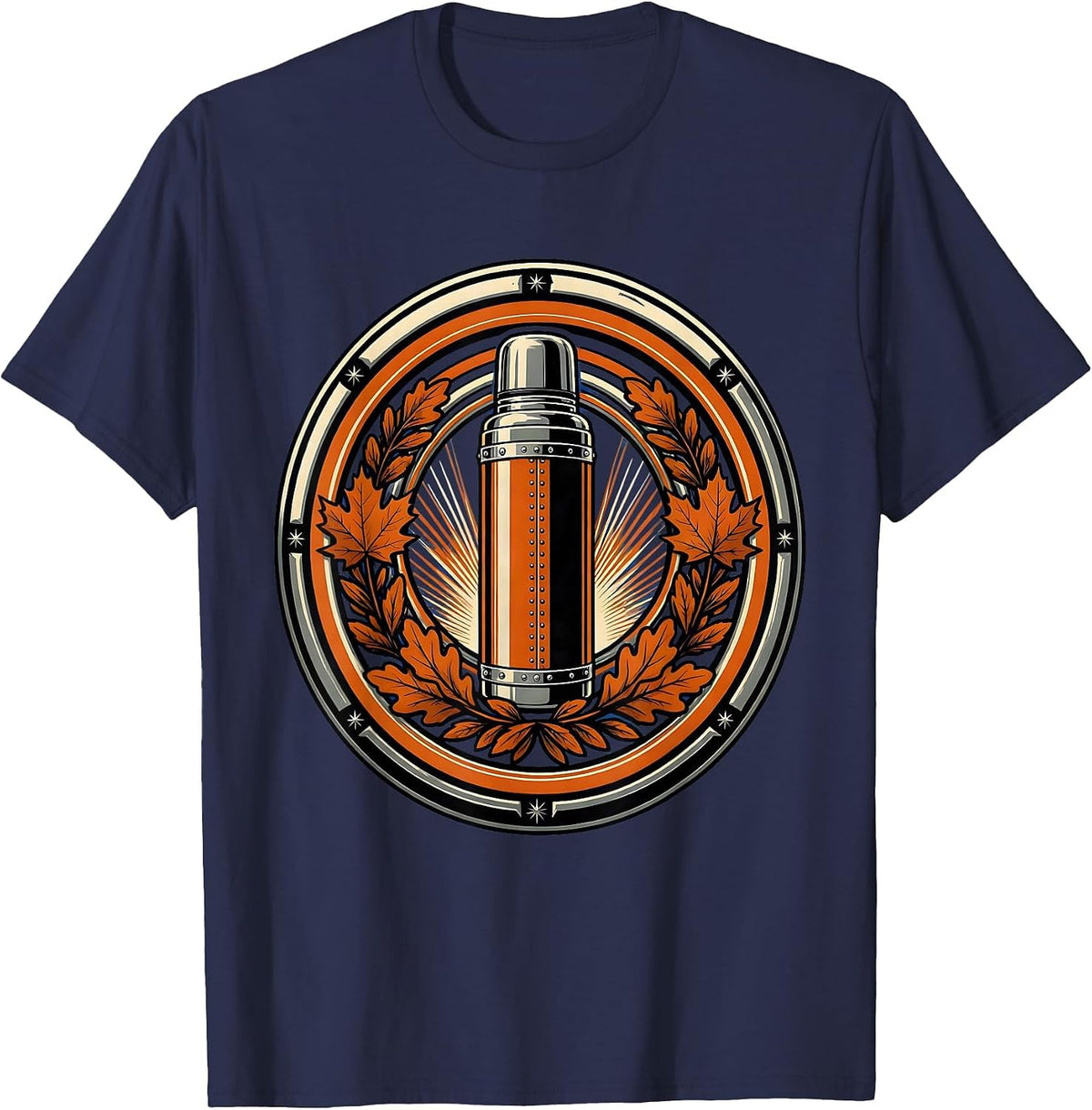 Men's Vintage Thermos Autumn Leaves Camping Design T-Shirt - Navy Blue
