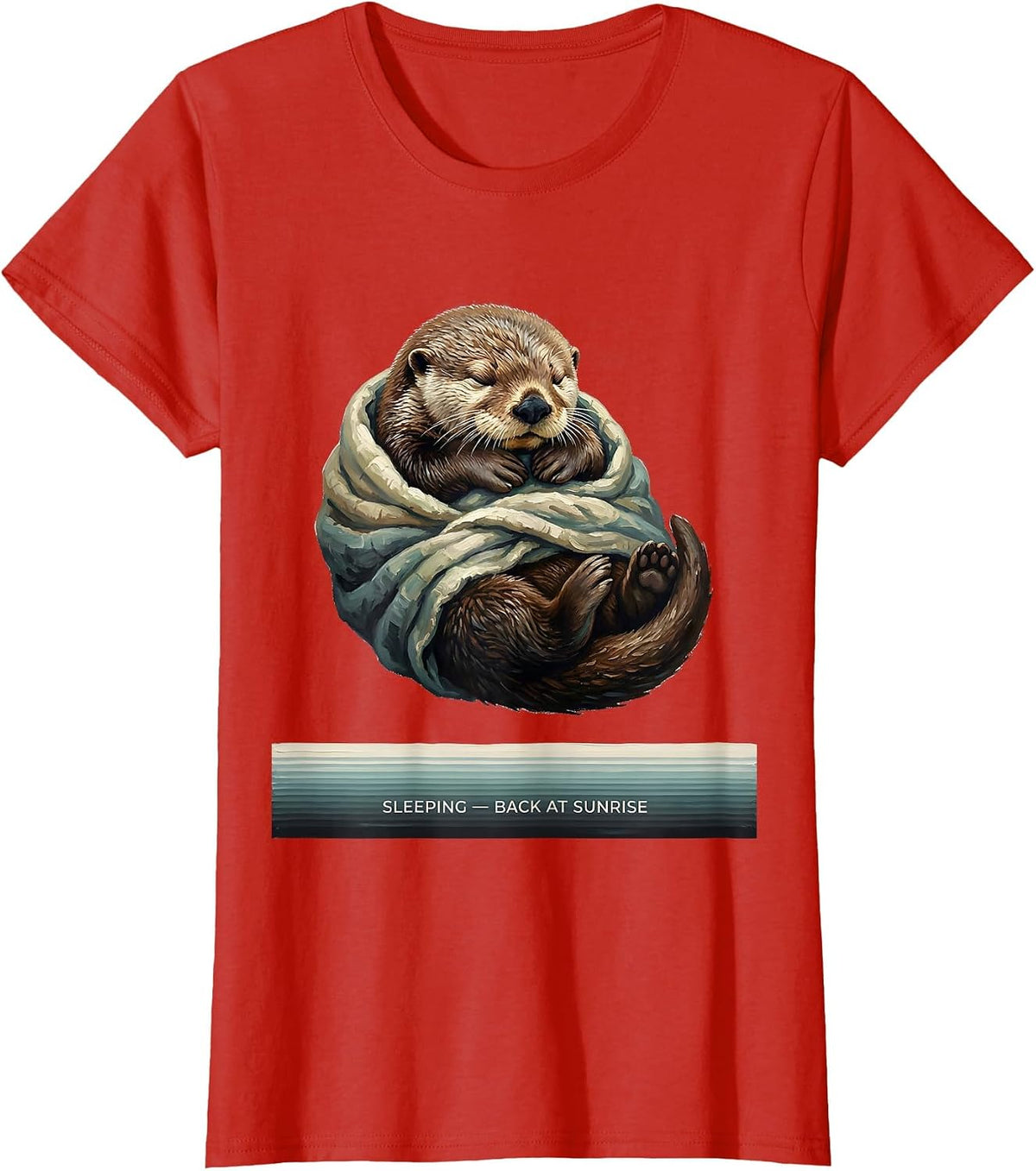 Sleeping — Back At Sunrise Whimsical Cozy Sea Otter Nap T-Shirt - Red