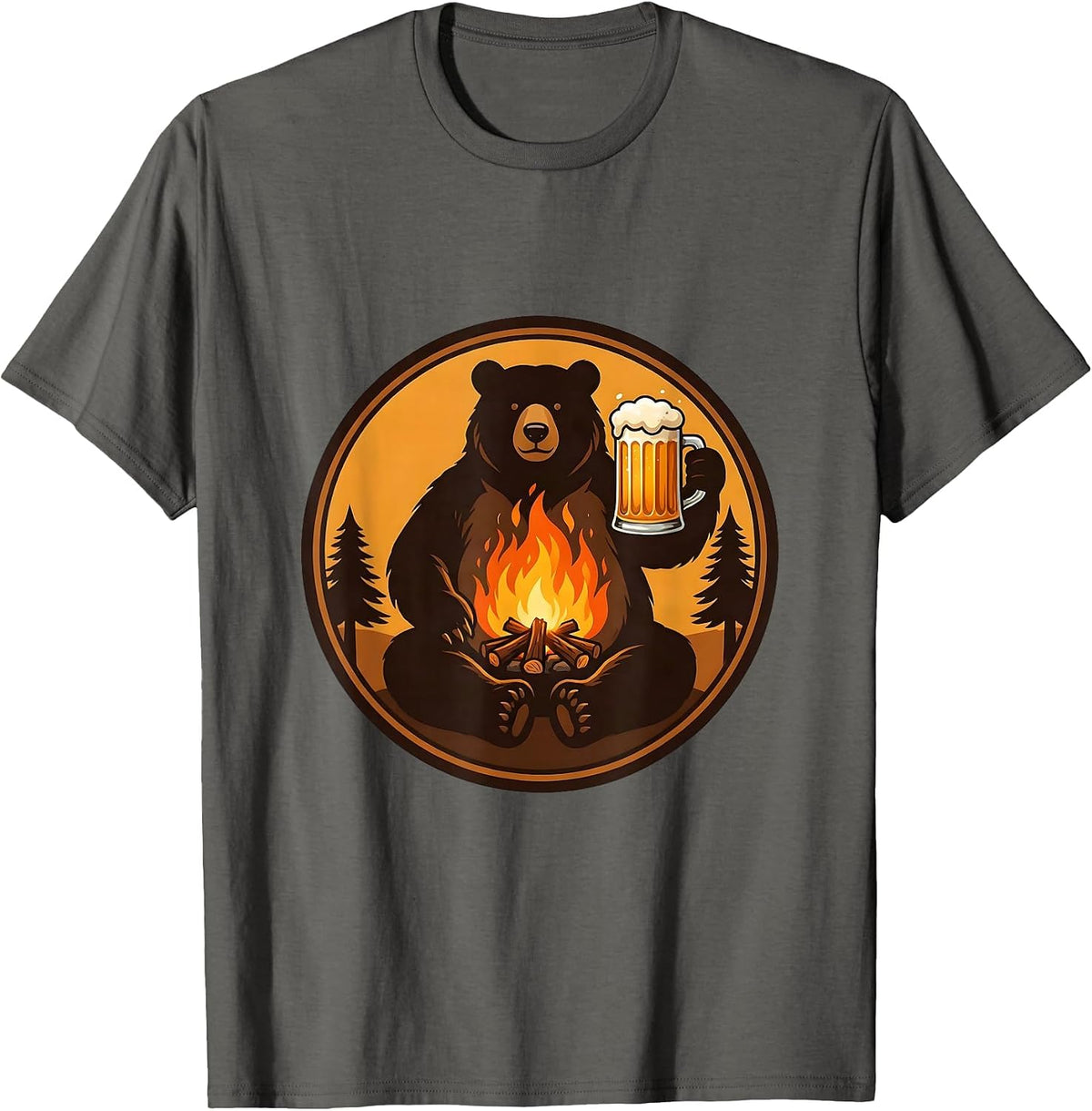 Bear Drinking Beer Campfire Funny Outdoor Humor T-Shirt - Asphalt Grey
