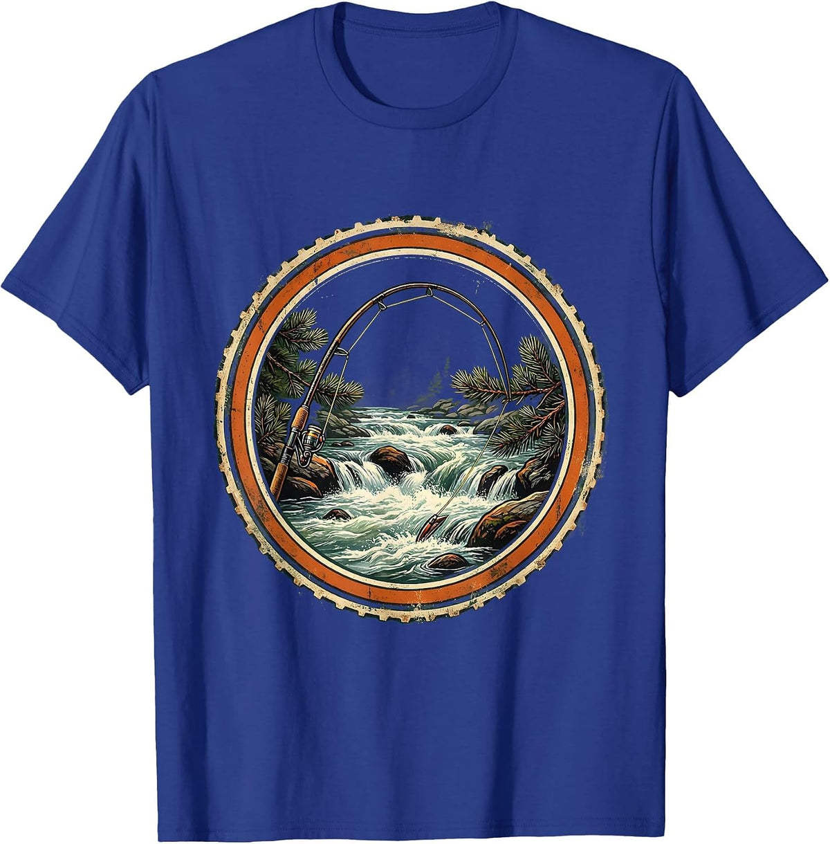 Fly Fishing Rod Over River Rapids Graphic T-Shirt - Royal Blue