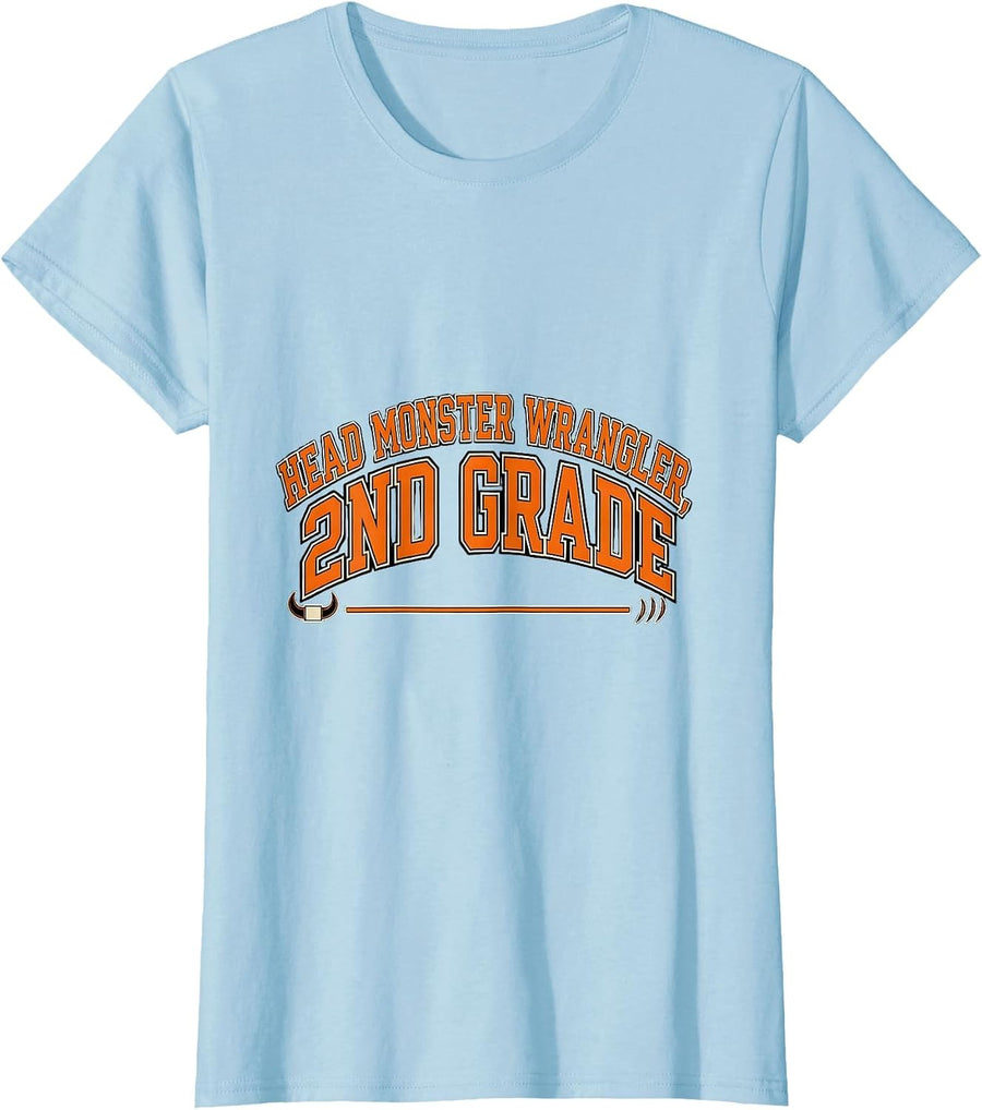 Women's Head Monster Wrangler 2nd Grade Funny Teacher Halloween T-Shirt - Baby Blue