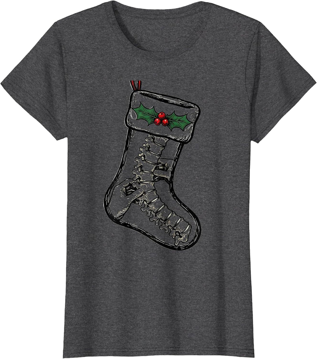 Women's Chiropractor Spine Christmas Stocking Holiday Humor T-Shirt - Dark Heather Grey