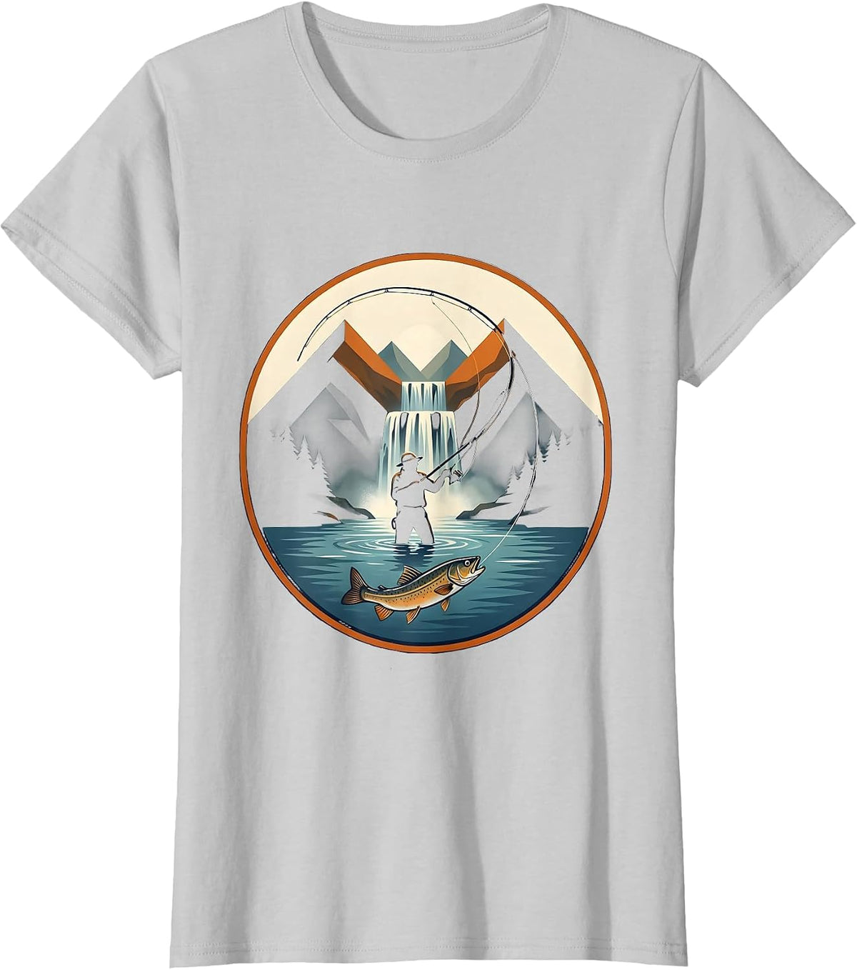 Fly Fisherman Mountain Waterfall Casting Graphic T-Shirt - Silver Grey