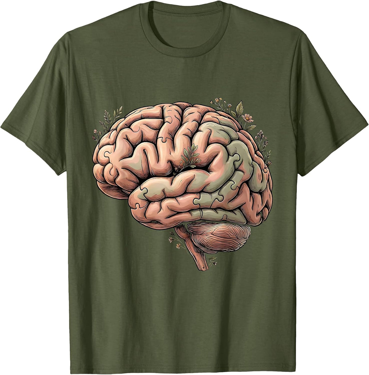 Men's Puzzle Piece Brain Special Education Art T-Shirt - Olive Green