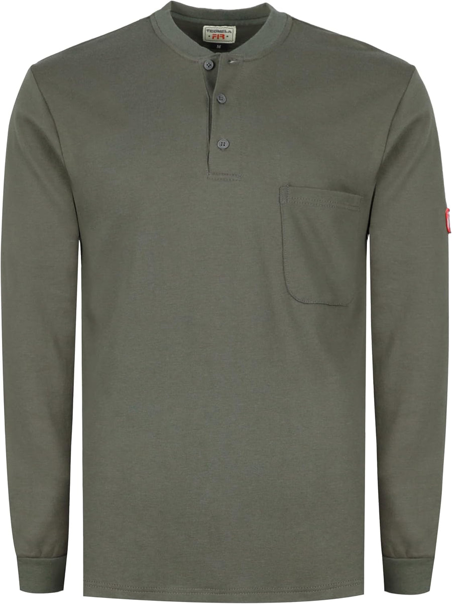 TICOMELA FR Shirts for Men Flame Resistant Shirt NFPA2112/CAT2 7oz Fire Retardant Men's Long Sleeve Henley Shirts - Gray