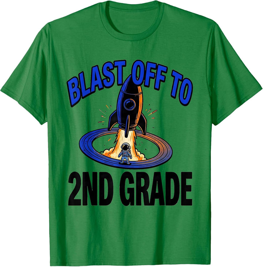 Men's Blast Off To 2nd Grade Cartoon Astronaut Back To School T-Shirt - Kelly Green