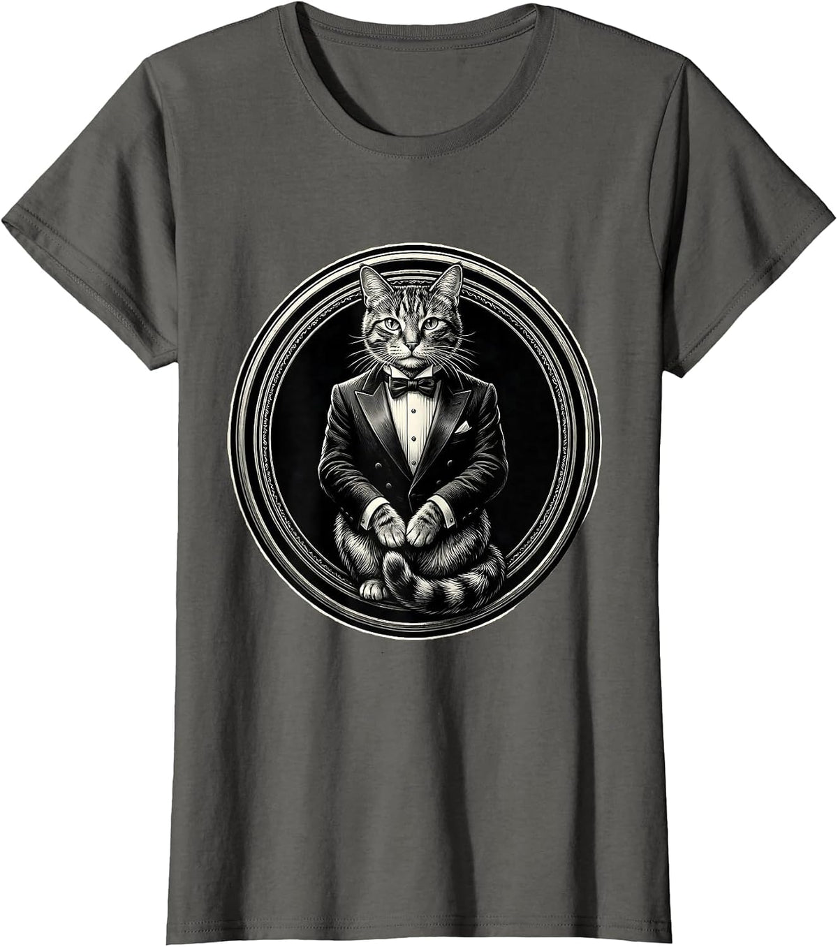 Women's Proud Cat in a Tiny Tuxedo Illustration T-Shirt - Asphalt Grey