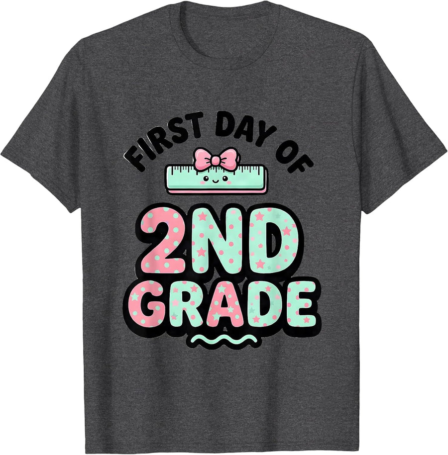 Men's First Day Of 2nd Grade Cute Kawaii Bow Back To School T-Shirt - Dark Heather Grey