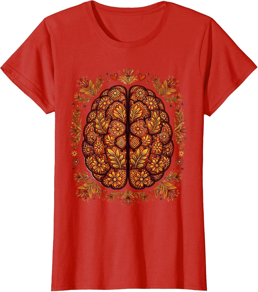 Women's Special Education Puzzle Brain Graphic Design T-Shirt - Red