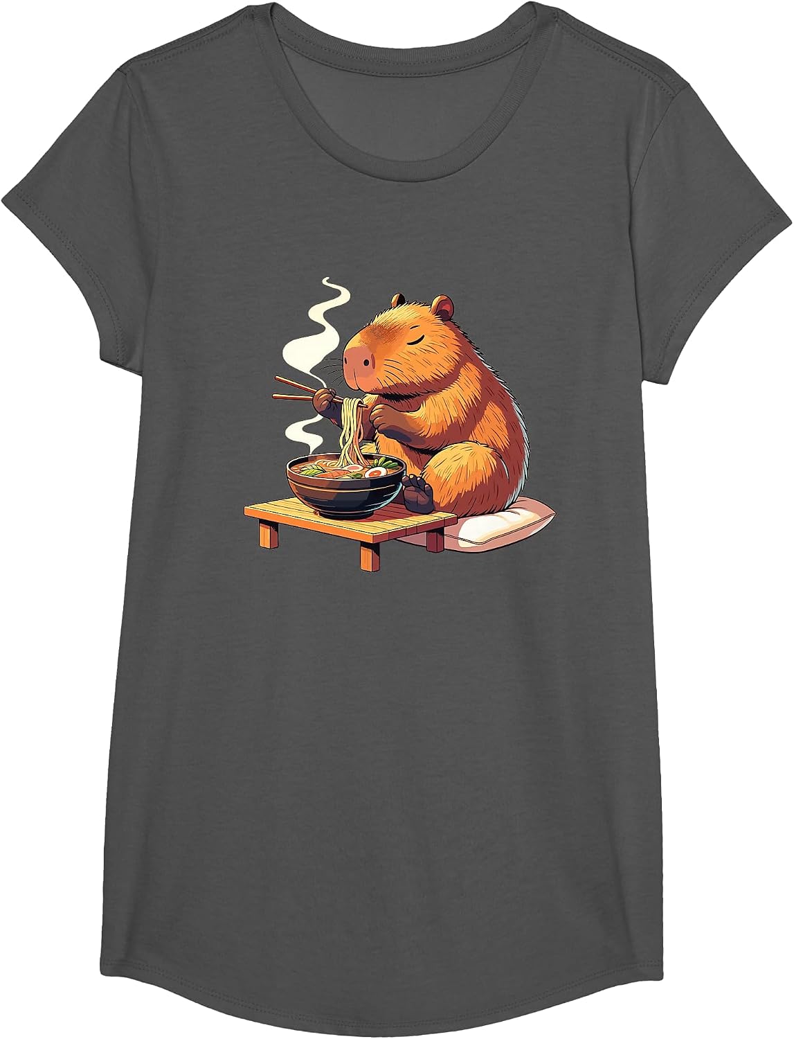 Sweet Capybara Eats Ramen Noodles Capybaras Ramen T-Shirt - Girls Asphalt Grey
