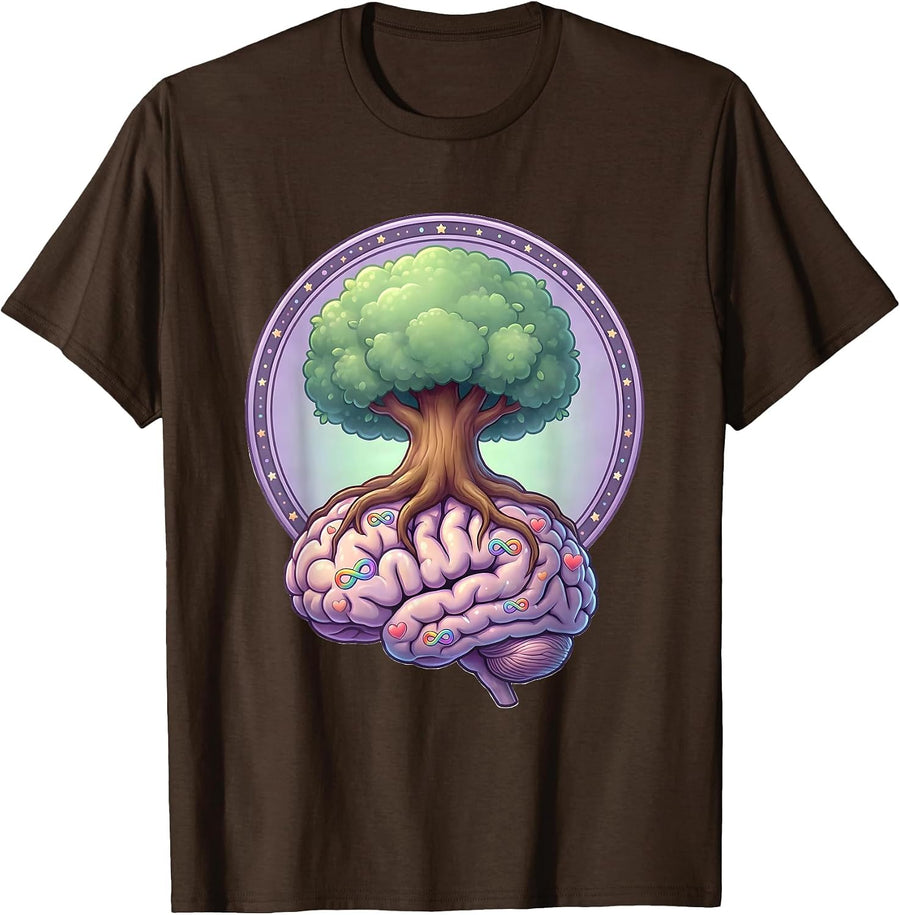 Autism Awareness Tree Brain Roots Illustration T-Shirt - Brown