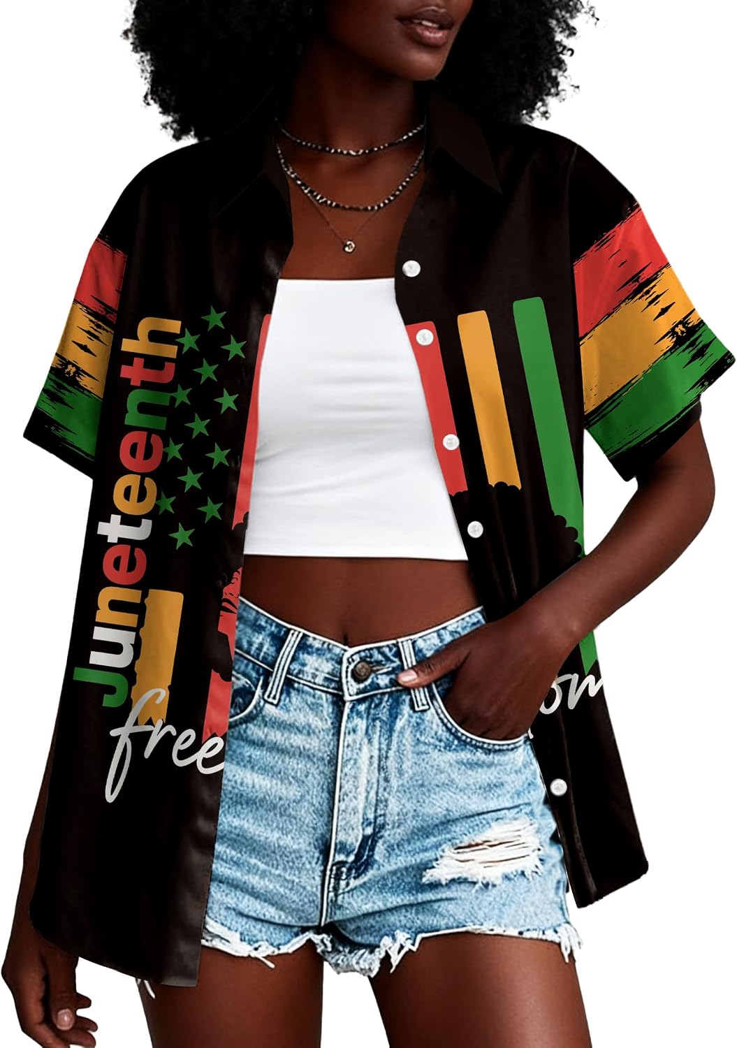 Juneteenth Shirts for Women Black History Button Down Shirt 1865 African American Freedom Blouse African Flag Tee Tops -