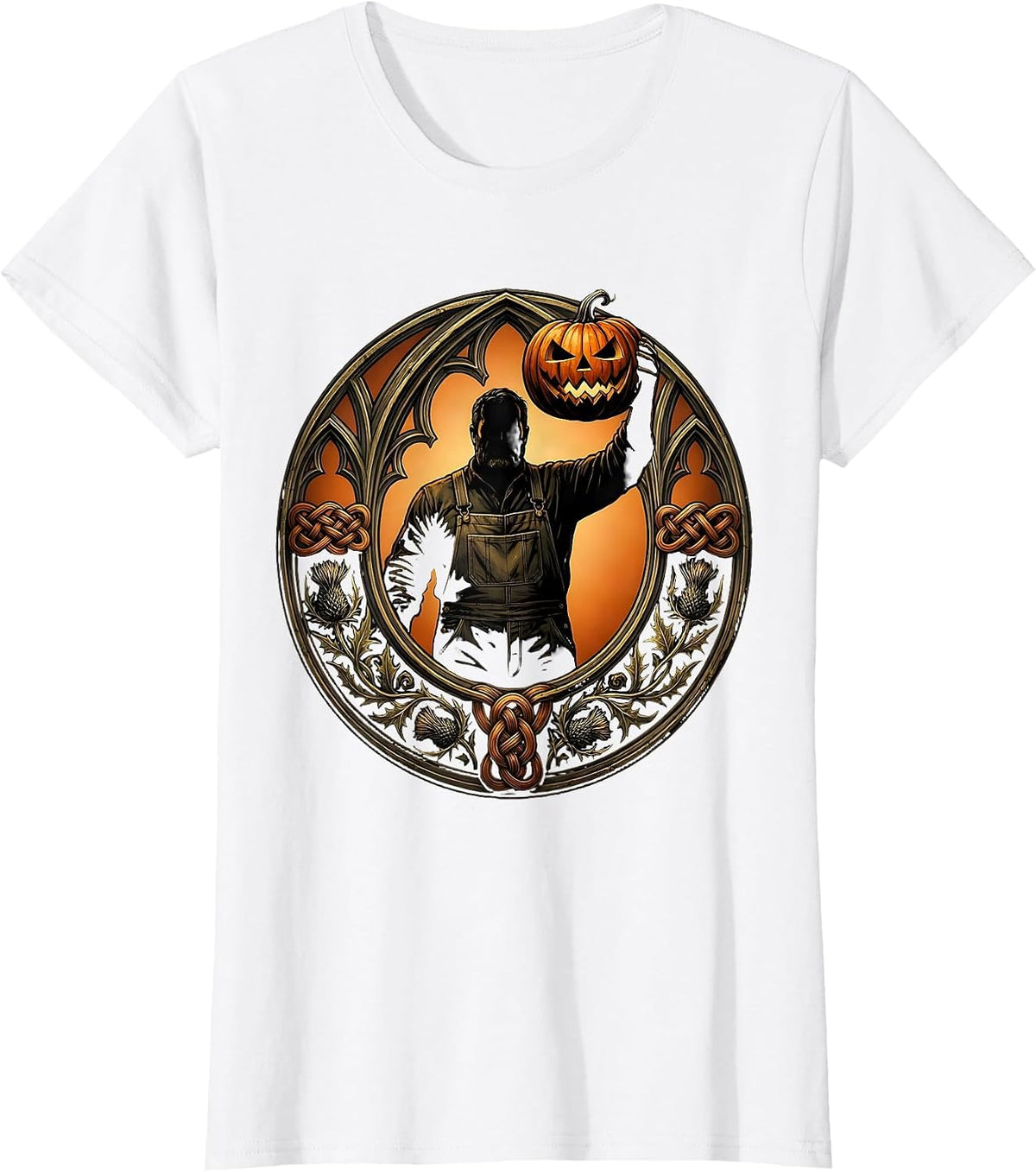 Women's Pumpkin Farmer Carved Lantern Halloween Graphic T-Shirt - White