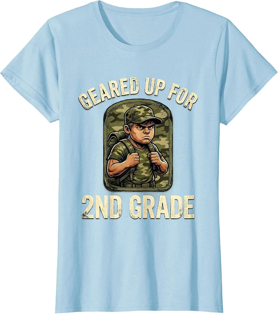 Women's Geared Up For 2nd Grade Distressed Camo Back To School Boy T-Shirt - Baby Blue
