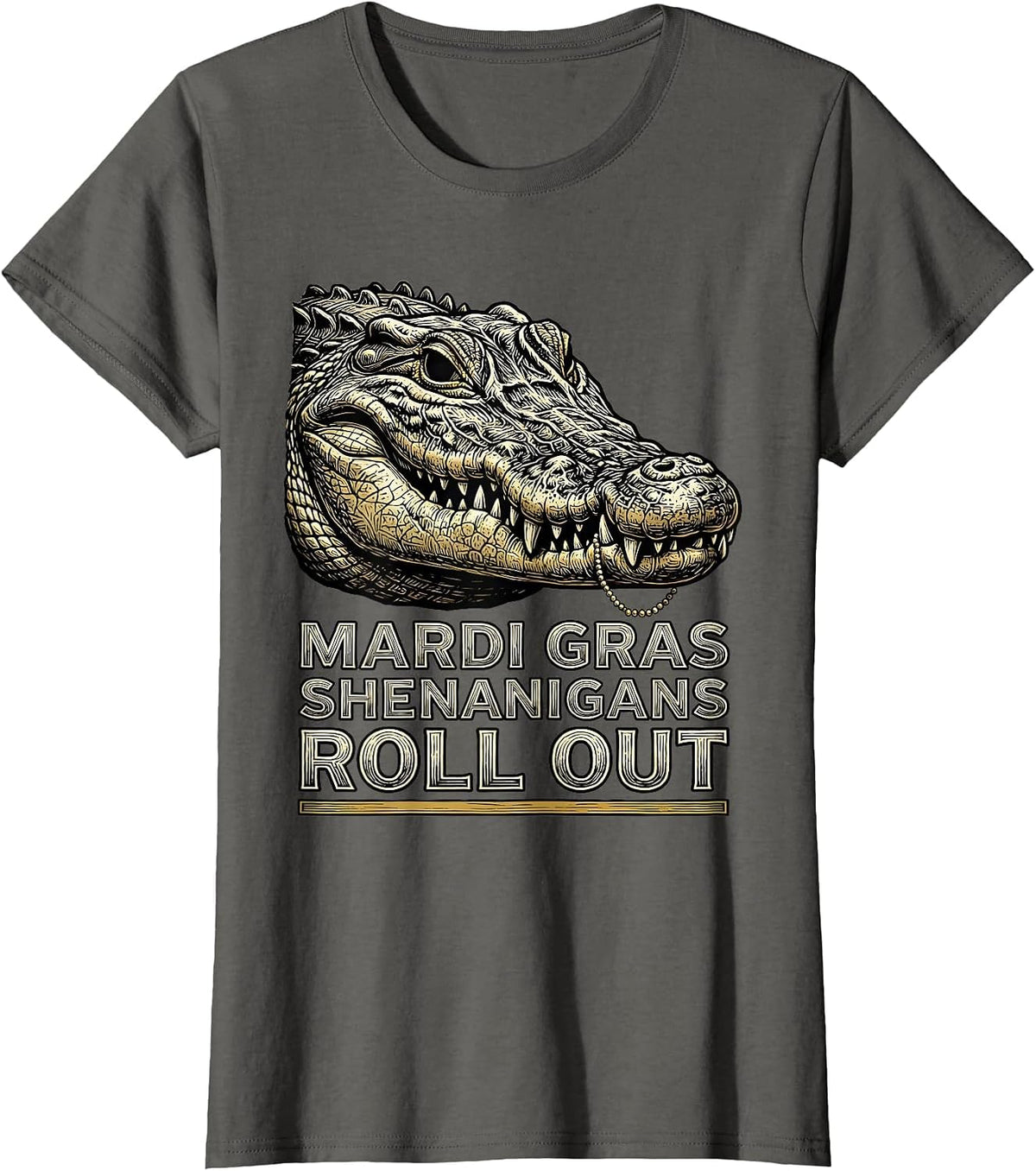 Women's Mardi Gras Shenanigans Roll Out Woodcut Engraving Carnival T-Shirt - Asphalt Grey