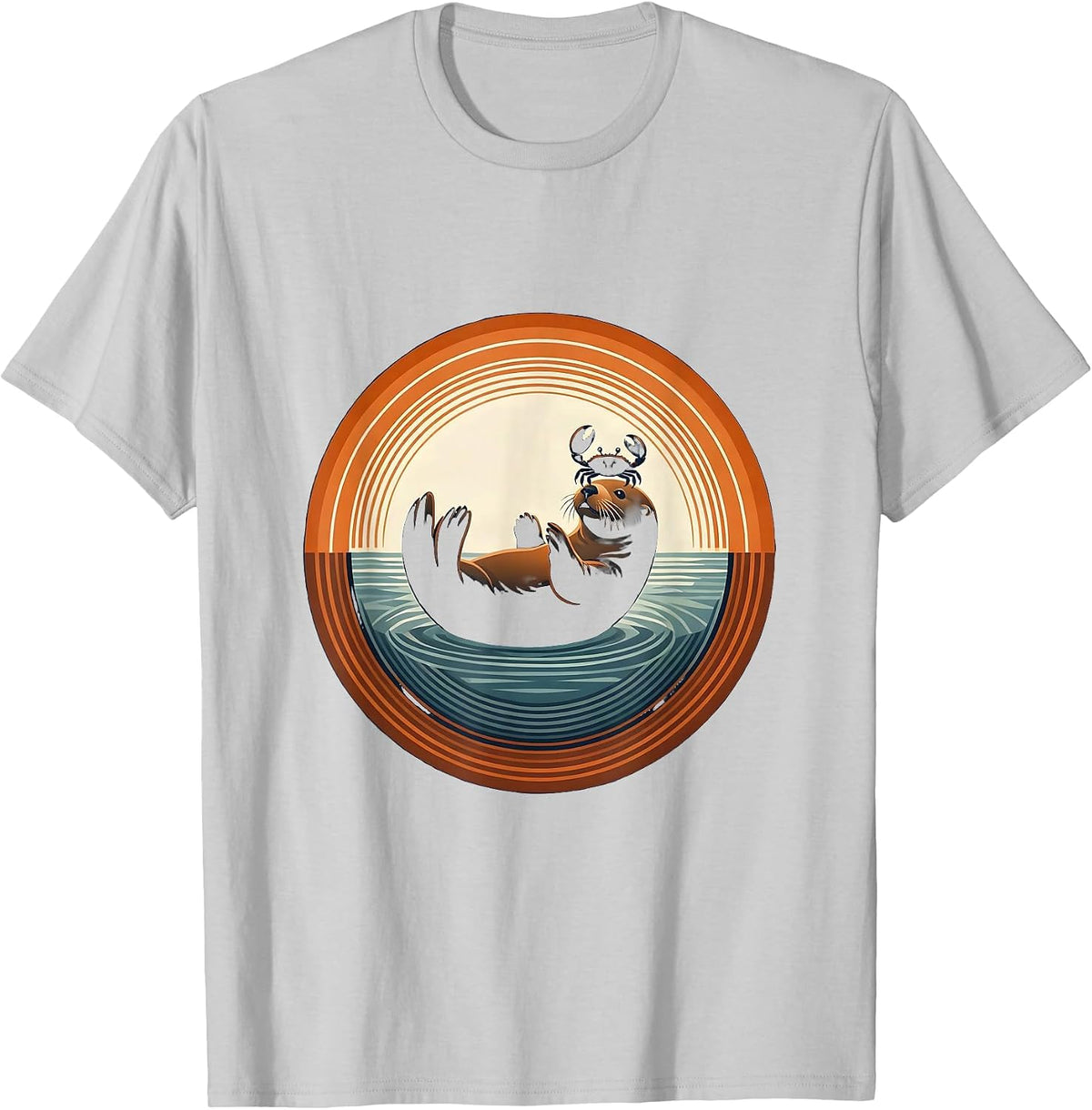 Men's Sea Otter Balancing Crab on Nose Illustration T-Shirt - Silver Grey