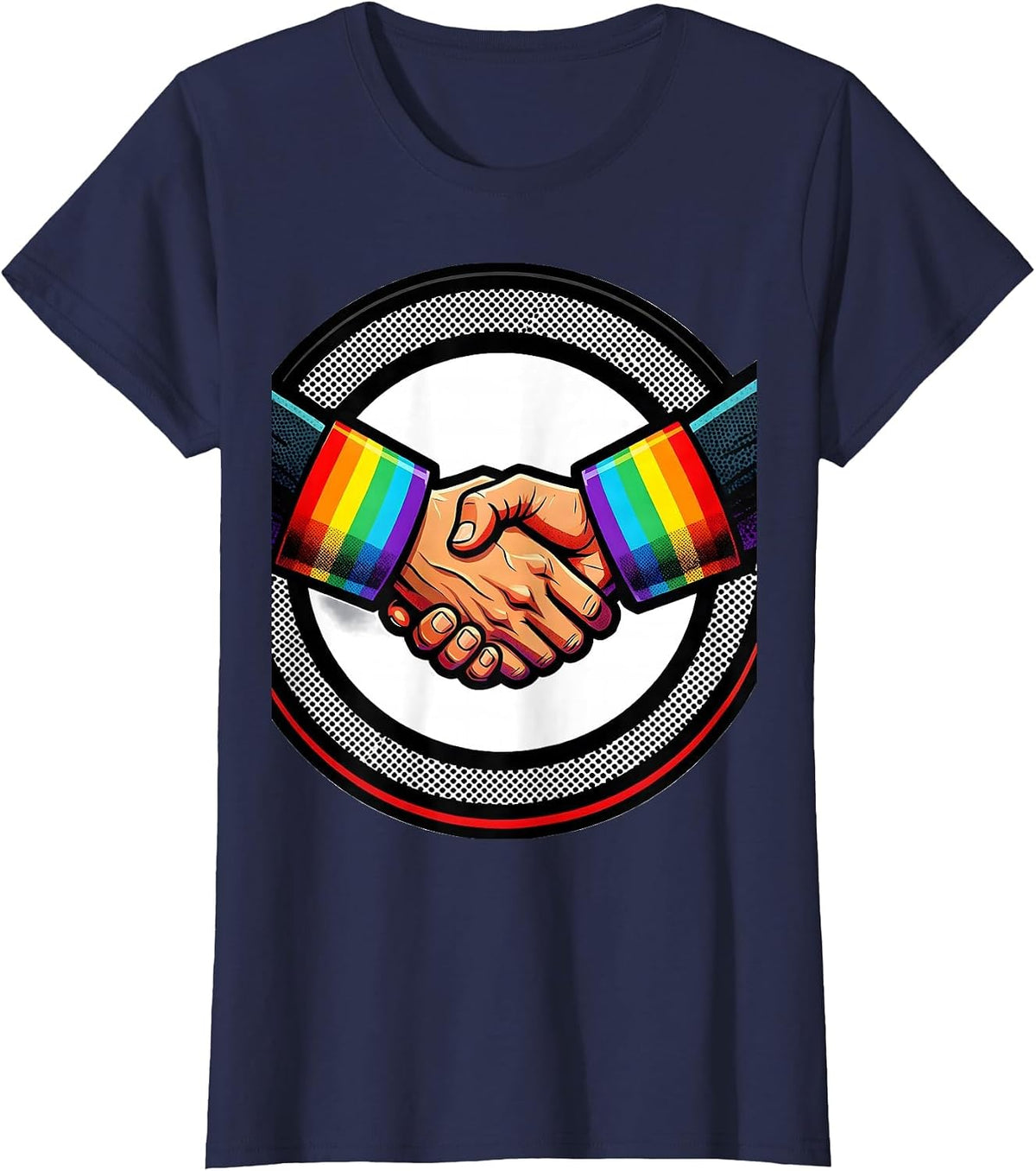 Women's Rainbow Pride Clasped Hands Unity Design T-Shirt - Navy Blue