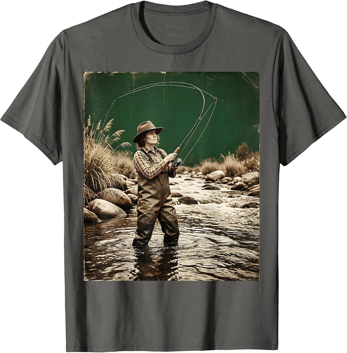 Fly Fishing Wading in Stream Graphic Design T-Shirt - Asphalt Grey