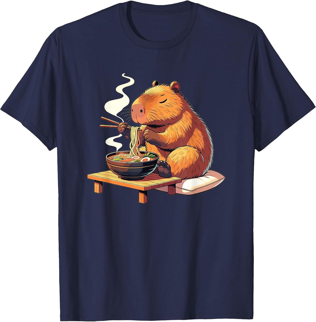 Sweet Capybara Eats Ramen Noodles Capybaras Ramen T-Shirt - Navy Blue