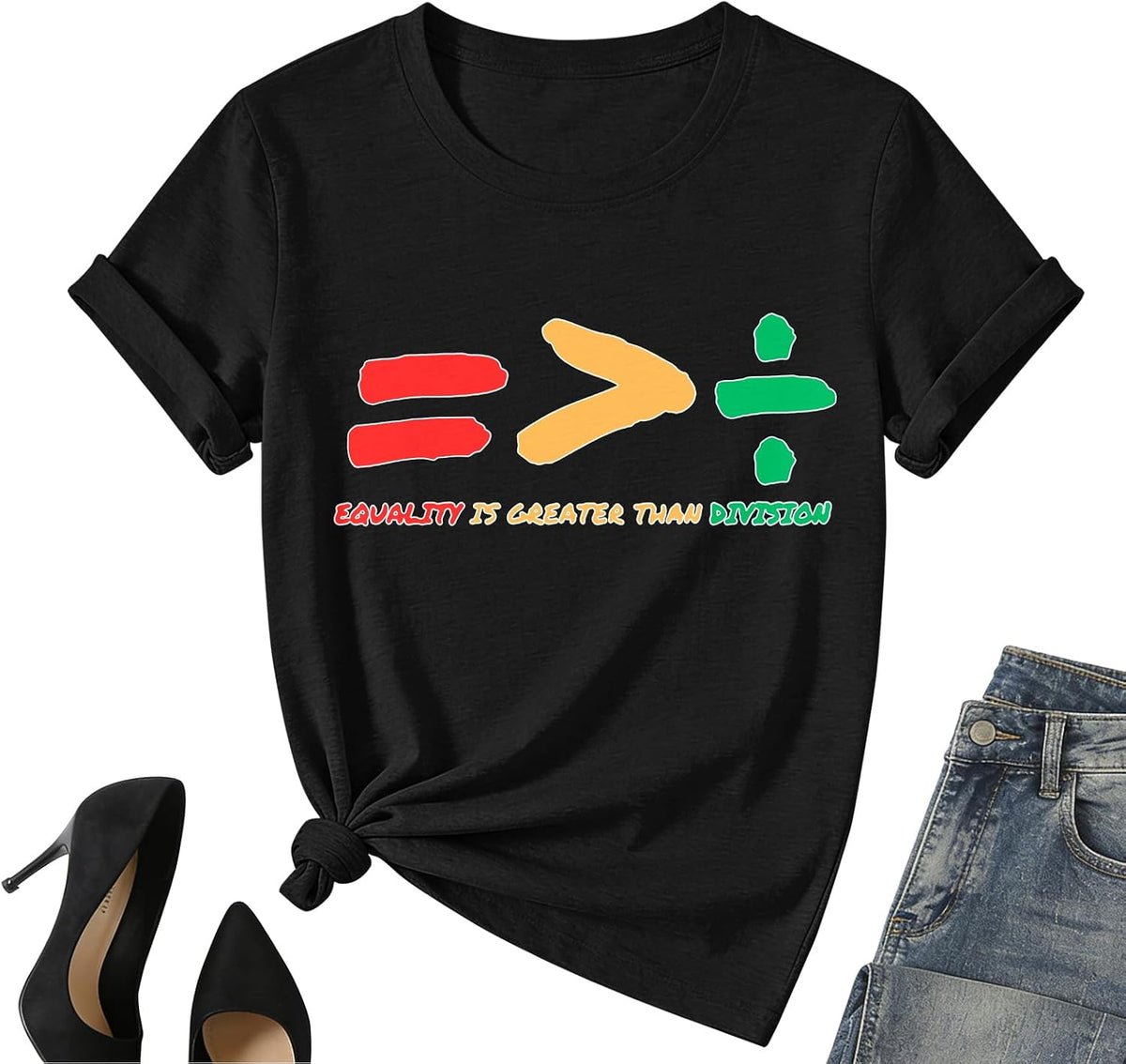 Juneteenth Shirt Women-Black History Month Short Sleeve African American Equality is Greater Than Division Tee Tops - Black-1