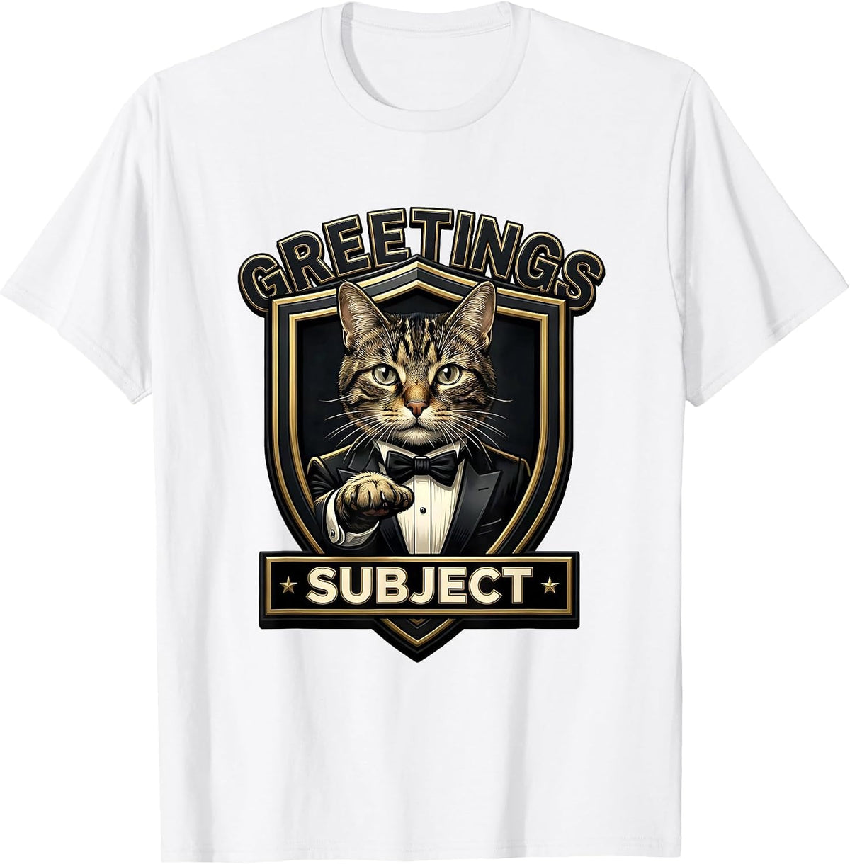 Men's Greetings, Subject Funny Cat Meme Bootleg Graphic T-Shirt - White