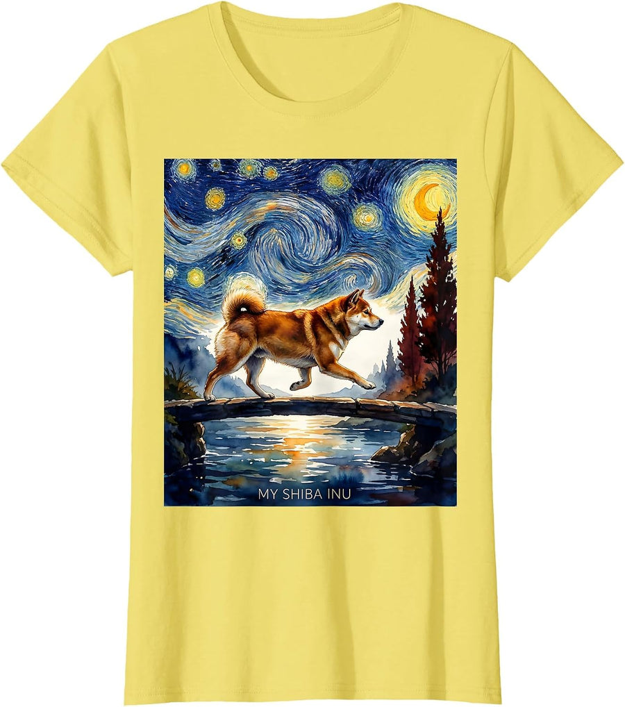 My Shiba Inu Watercolor Van Gogh Starry Night Dog Breed T-Shirt - Lemon Yellow