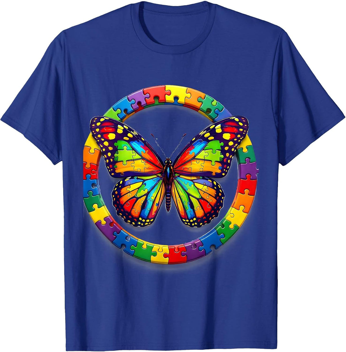 Men's Autism Awareness Colorful Puzzle Butterfly Design T-Shirt - Royal Blue
