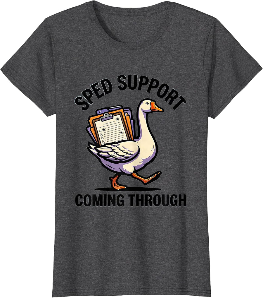Women's SPED Support Coming Through Funny Special Education Teacher T-Shirt - Dark Heather Grey