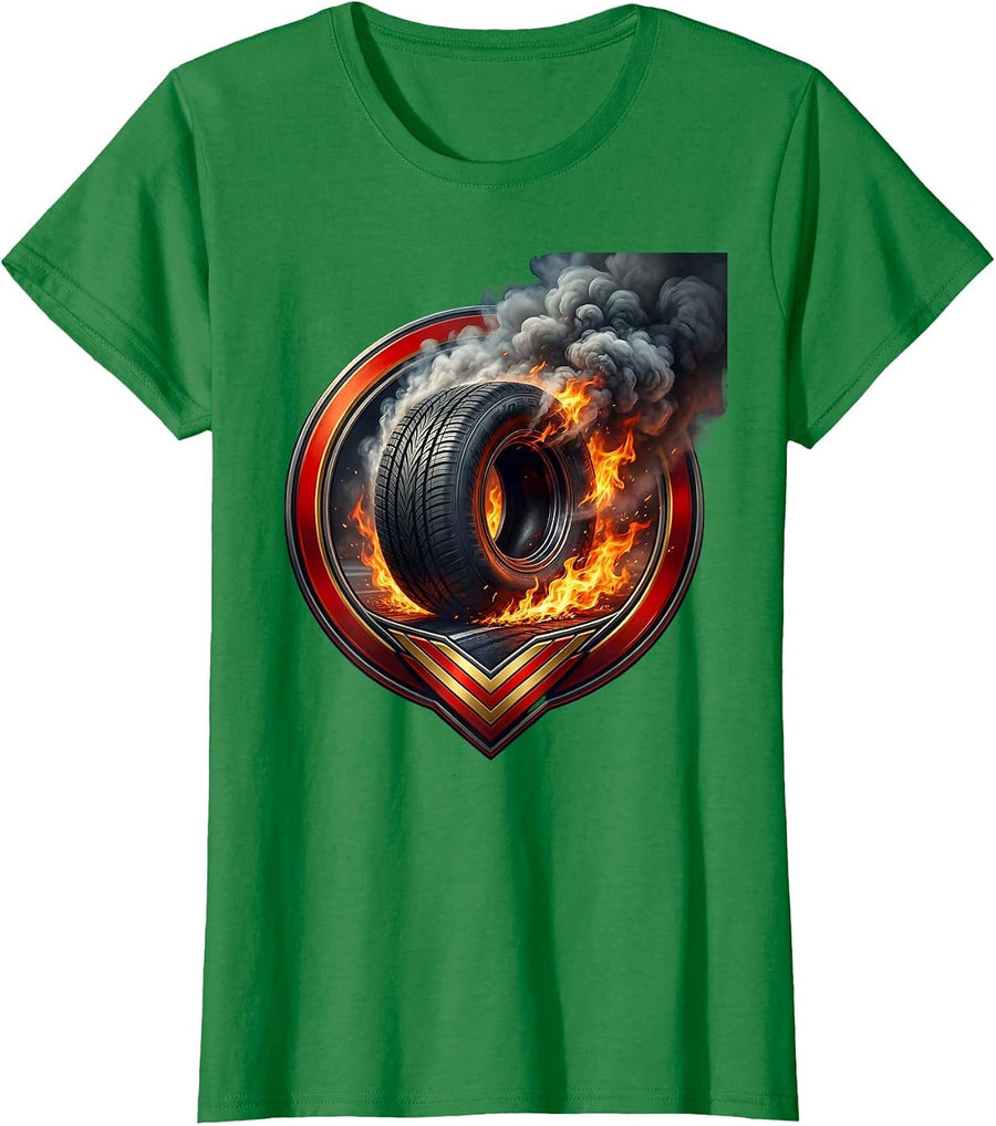 Women's Race Tire Burning Rubber Fire Trail Graphic T-Shirt - Kelly Green