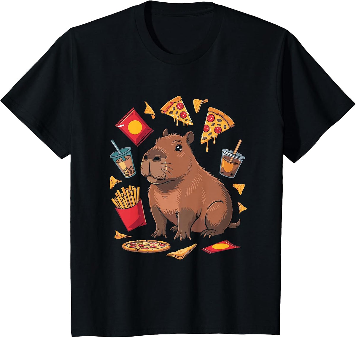 Bubble Tea Pizza Snack Lover Capybara T-Shirt - Black