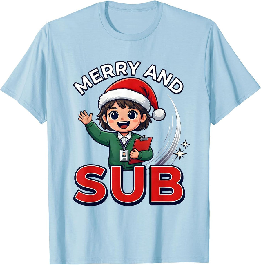 Men's MERRY AND SUB Funny Substitute Teacher Christmas T-Shirt - Baby Blue