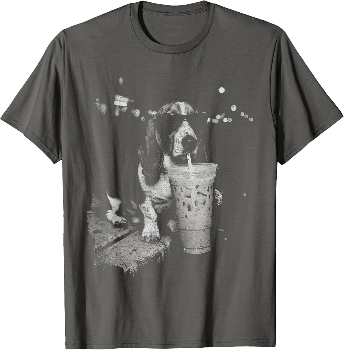 Basset Hound Drinking Iced Coffee Funny Dog Meme Humor T-Shirt - Asphalt Grey