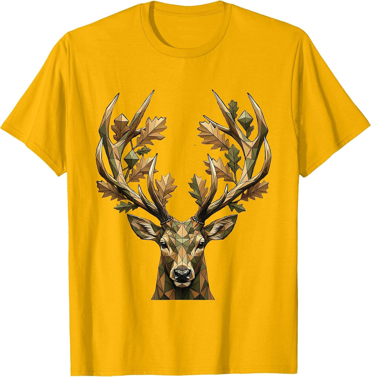 Camo Deer Antlers Oak Leaves Hunting Design T-Shirt - Golden Yellow