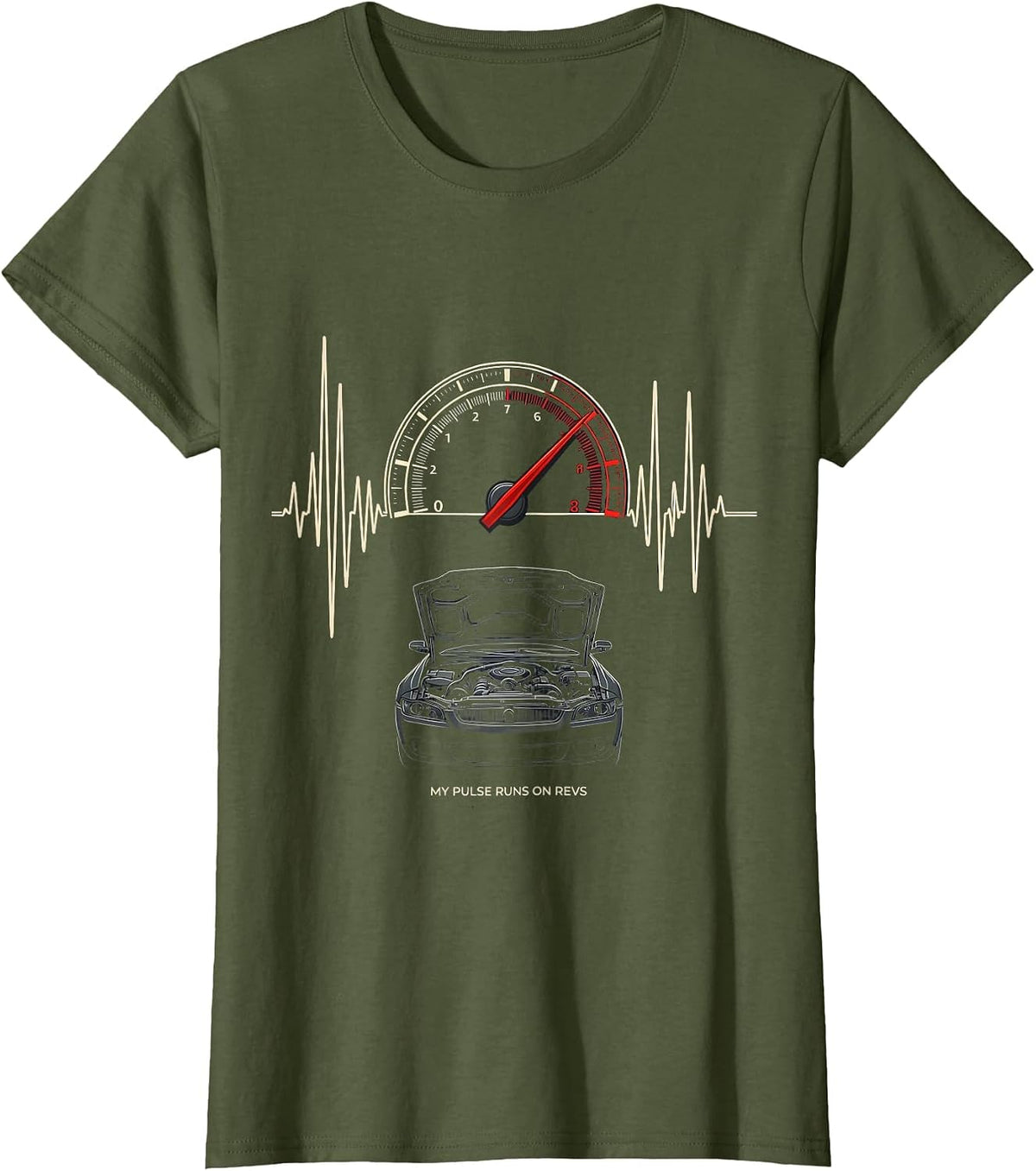 Women's My Pulse Runs On Revs Funny Car Guy Auto Mechanic Humor T-Shirt - Olive Green