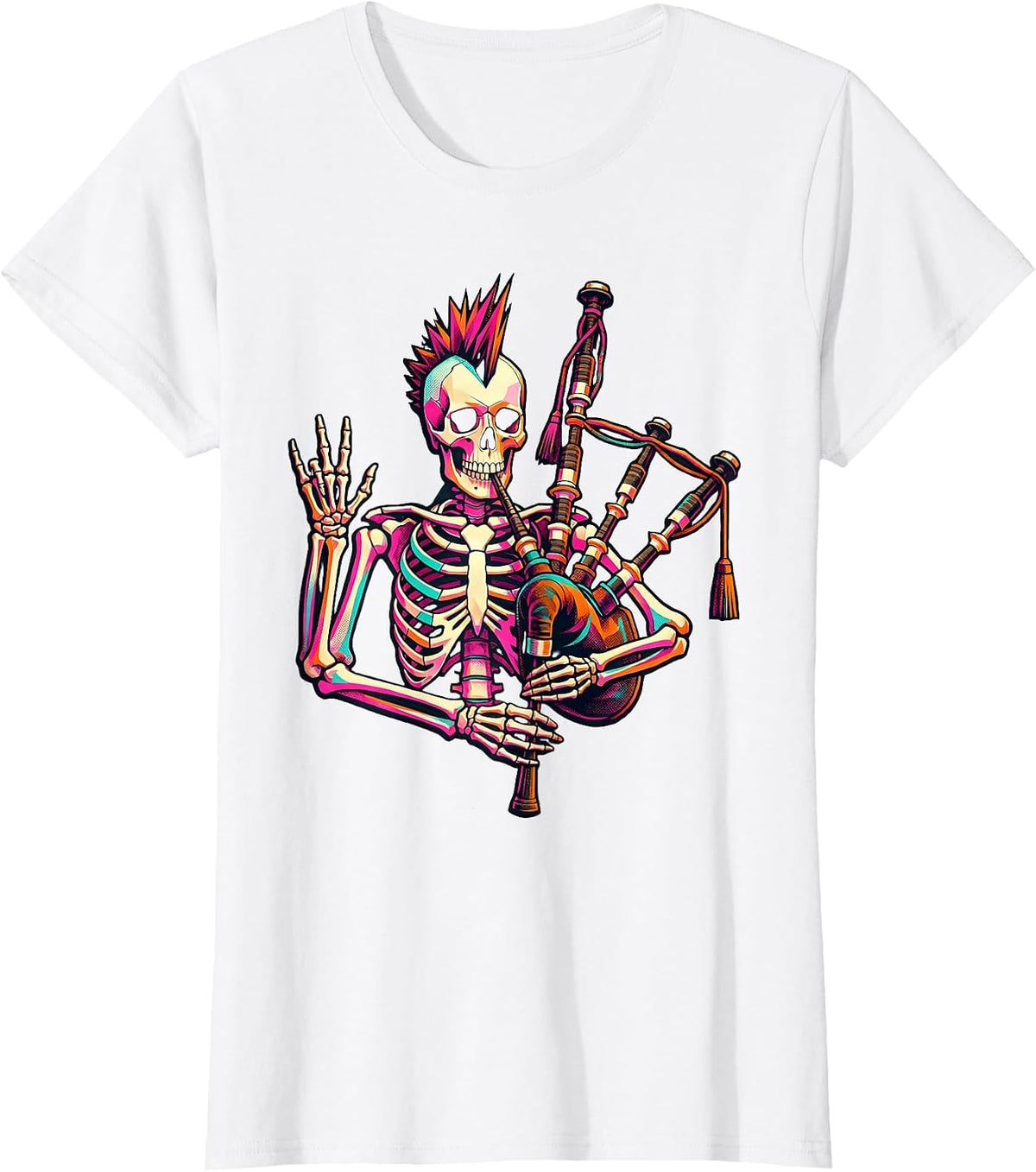 Women's Punk Skeleton Bagpipes Risograph Rock Music Fan T-Shirt - White