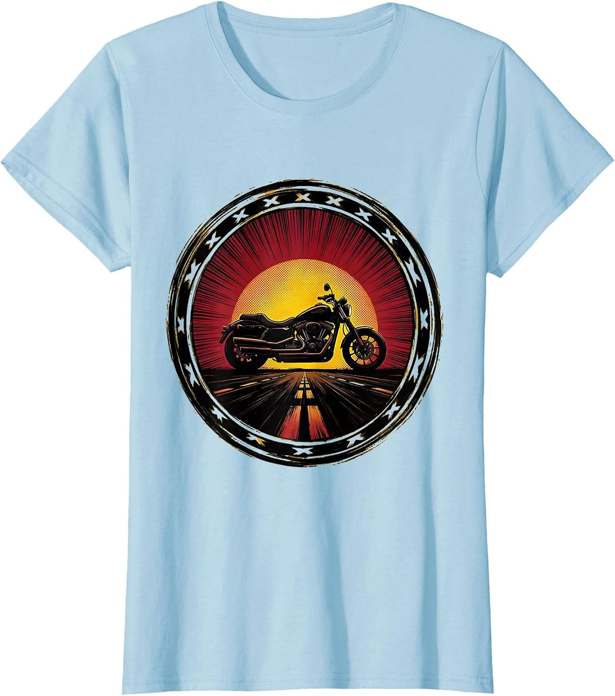 Retro 80s Motorcycle Sunset Silhouette Design T-Shirt - Baby Blue