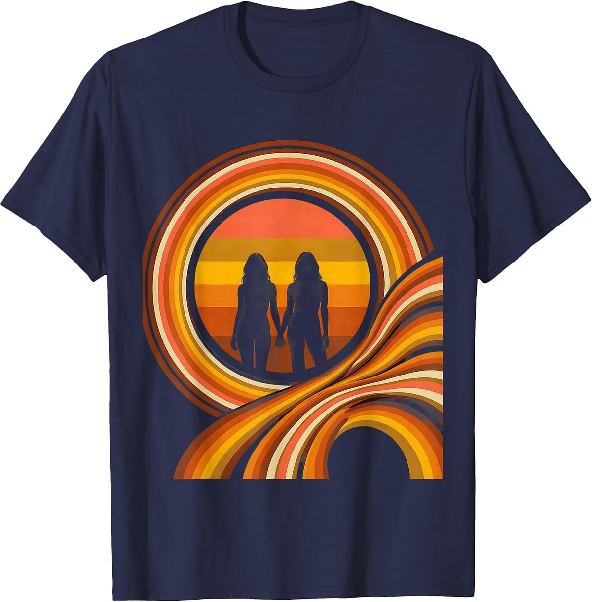 Two Women Holding Hands at Sunset Lesbian Pride T-Shirt - Navy Blue