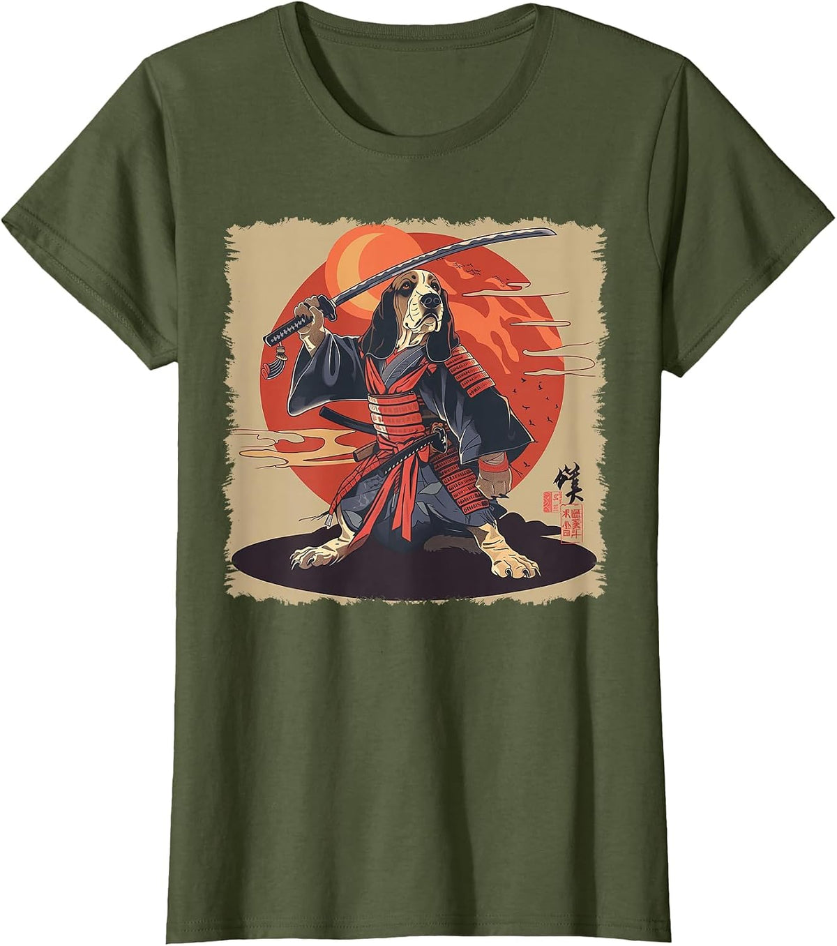 Basset Hound Dog Japanese Art Samurai Ukiyo-e T-Shirt - Olive Green