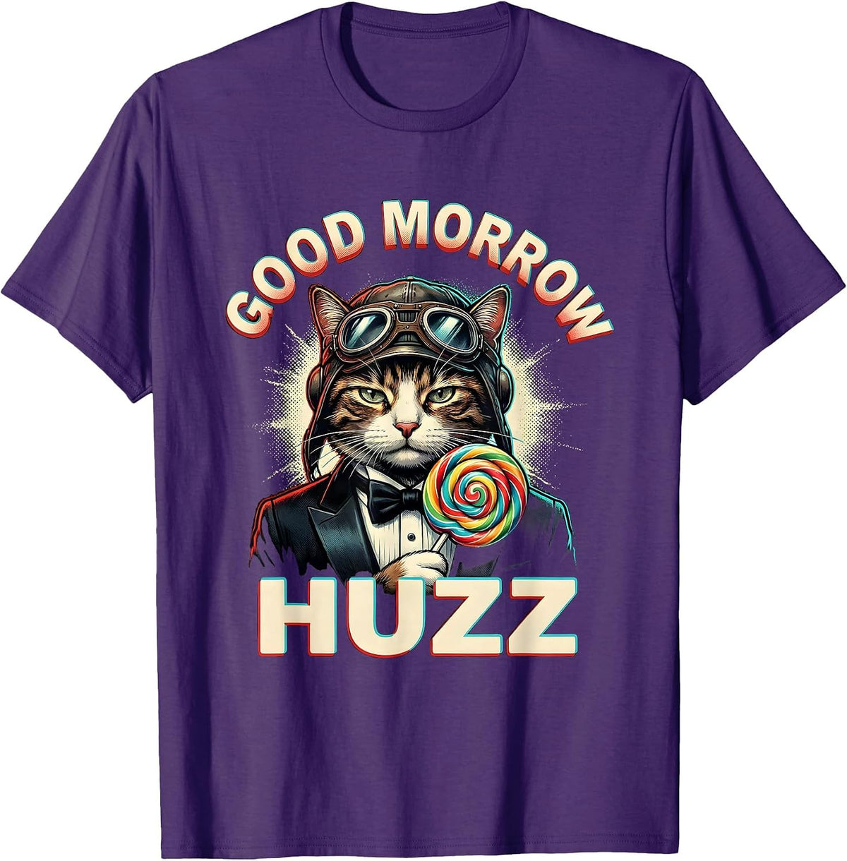 Good Morrow Huzz Pop Art Lollipop Cat Meme Humor T-Shirt - Purple
